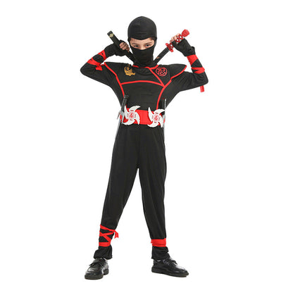 Kids Samurai Halloween Outfit featuring a black jumpsuit, swords, and red accents for cool costumes