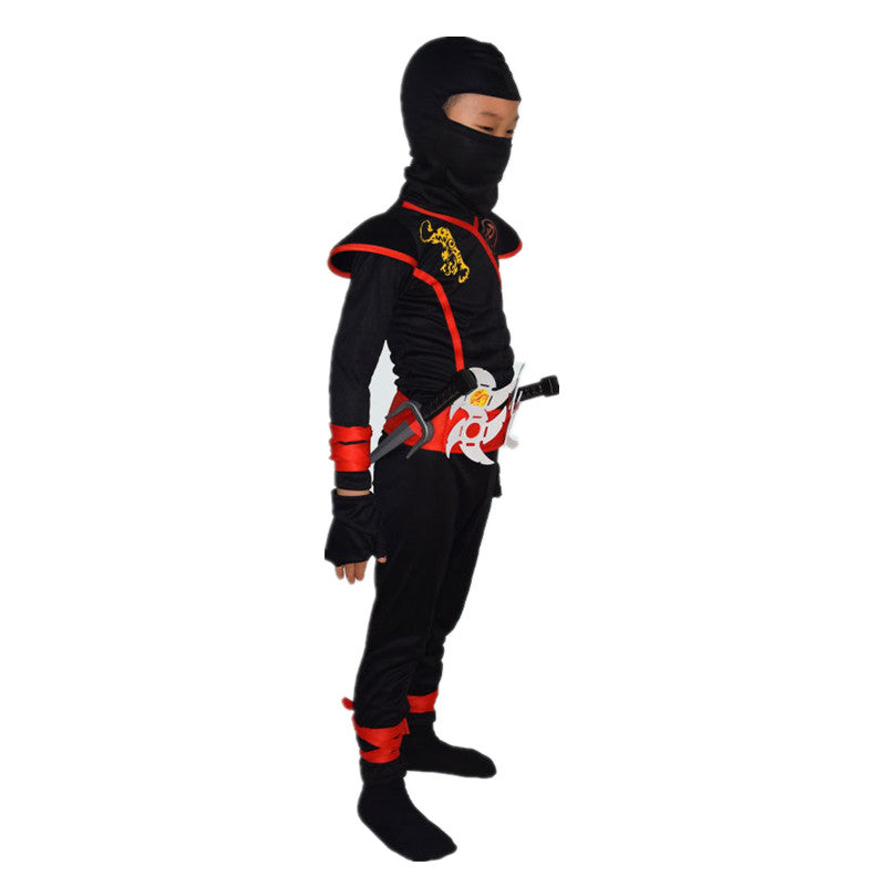 Kids Samurai Halloween outfit with black fabric and red accents, featuring a sword and ninja mask