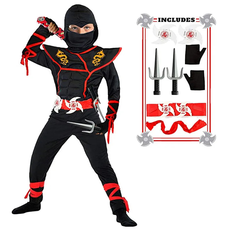 Kids Samurai Halloween outfit with accessories including mask, belt, and weapons for costume parties