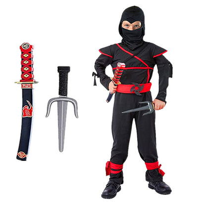 Kids samurai Halloween outfit featuring a black ninja costume with accessories including a sword