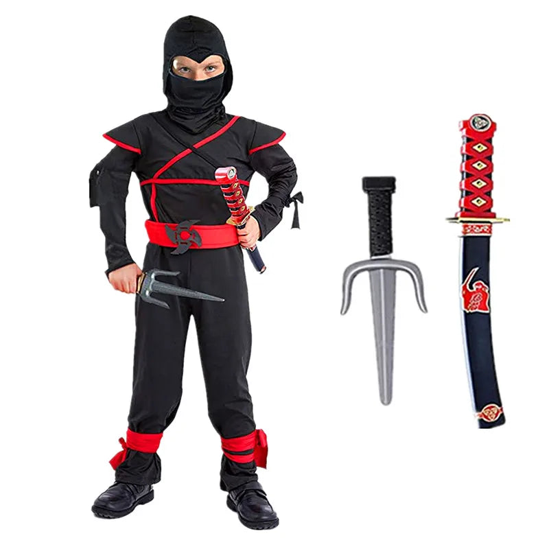 Kids Samurai Halloween outfit featuring a black costume with swords and ninja accessories