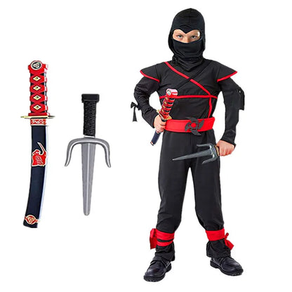 EtherealBe kids samurai Halloween outfit featuring a black ninja costume with accessories and weapons