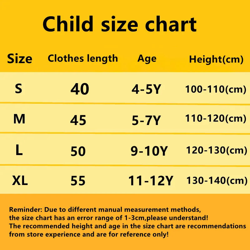 Child size chart for kids samurai Halloween outfit with lengths and age recommendations for sizes S to XL