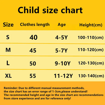 Child size chart for kids samurai Halloween outfit with lengths and age recommendations for sizes S to XL