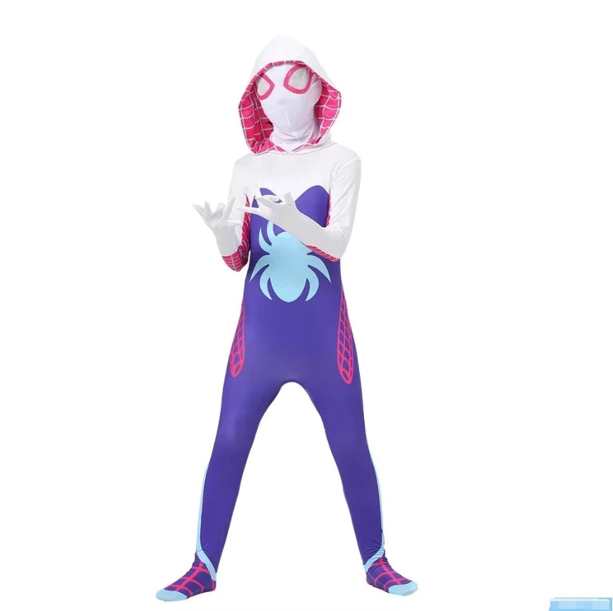 EtherealBe Kids Spiderman Halloween costume with pink and blue design and hooded mask for fun dressing up