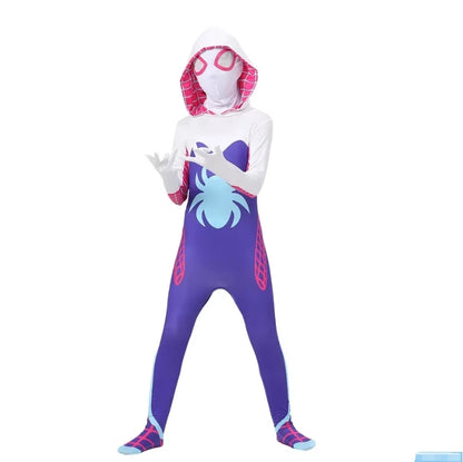 EtherealBe Kids Spiderman Halloween costume with pink and blue design and hooded mask for fun dressing up