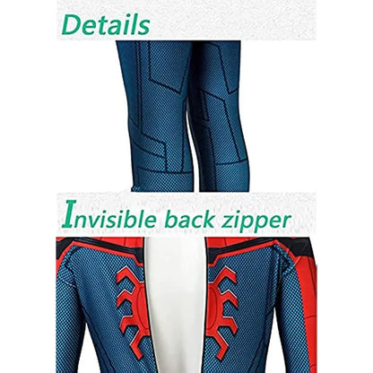 Details of Kids Spiderman Halloween costume featuring blue and red design with invisible back zipper
