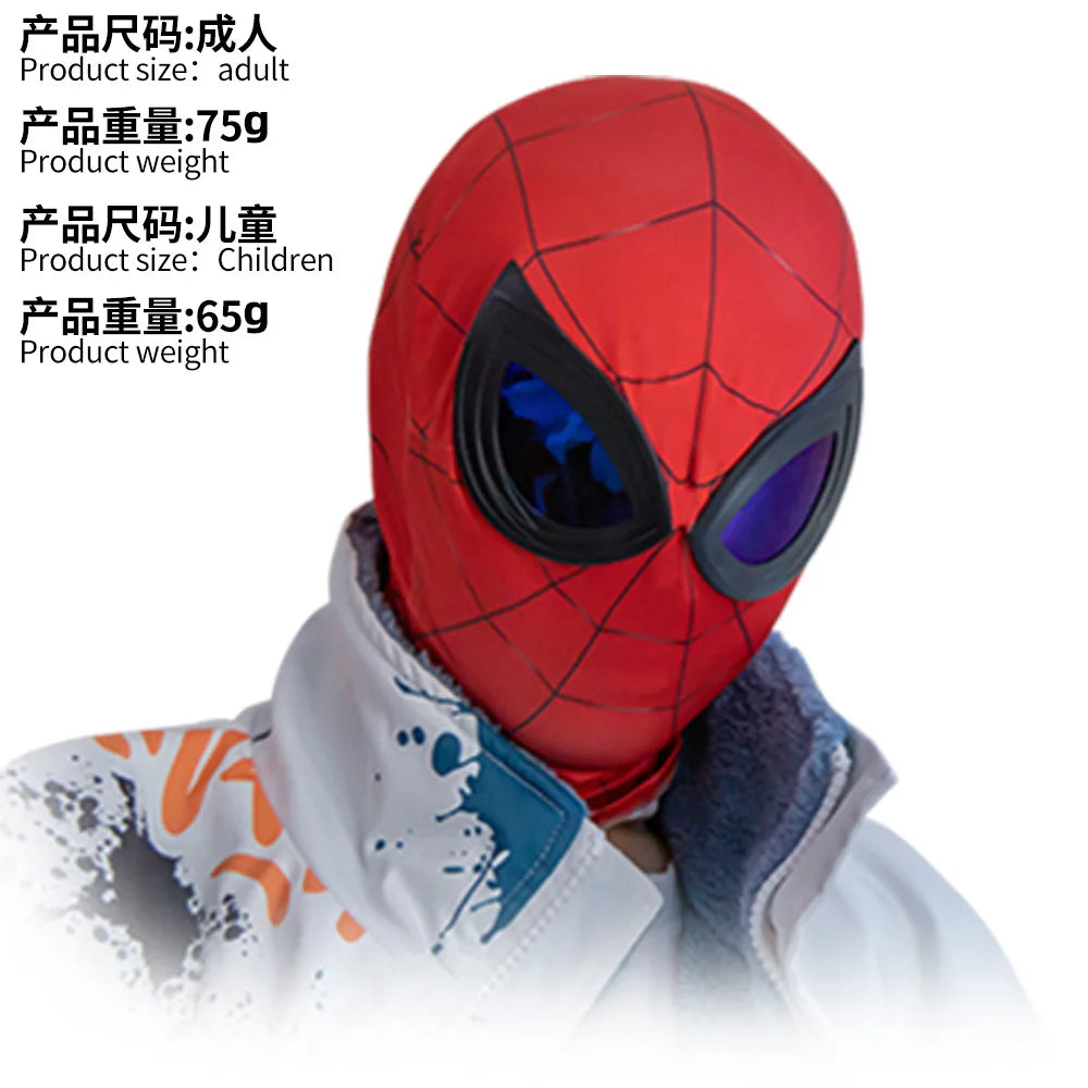 Kids Spiderman Halloween costume featuring a red mask with spider web design and black lenses