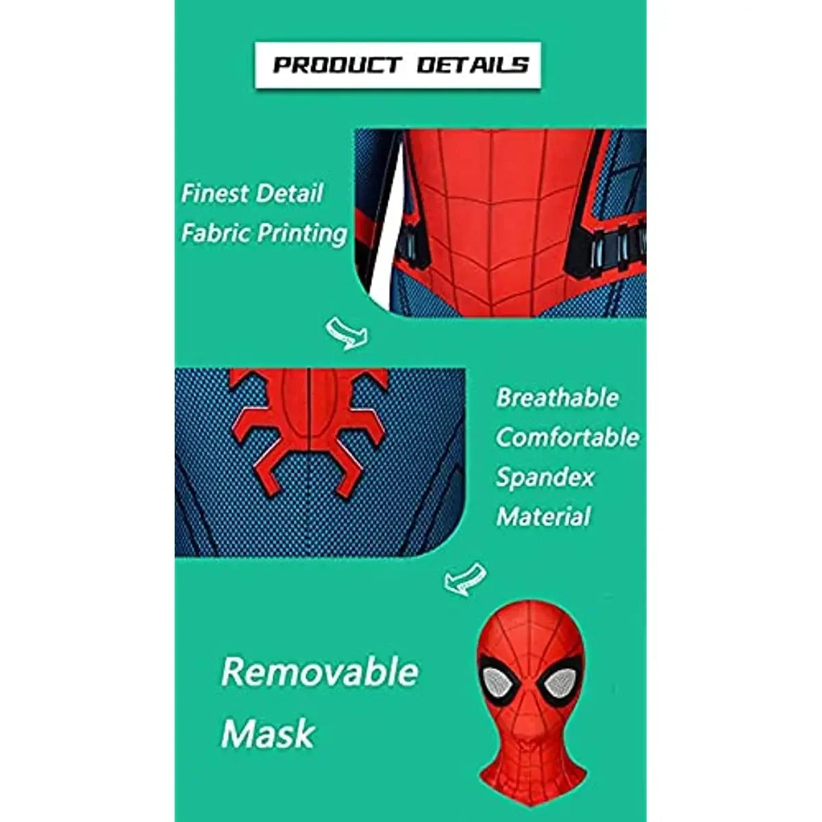 Kids Spiderman Halloween costume showcasing breathable spandex material and removable mask features