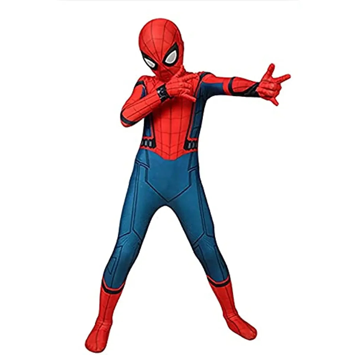 Kids Spiderman Halloween costume featuring a vibrant red and blue jumpsuit with iconic web details
