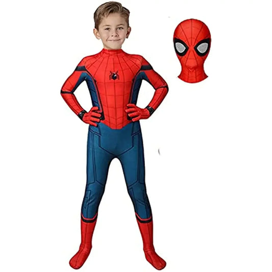 Kids Spiderman Halloween costume featuring a red and blue suit with a matching mask for playful dressing up