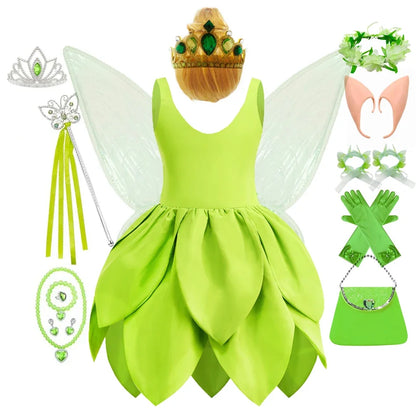 Kids Tinker Bell Halloween costume with dress, wings, accessories, and wand for magical dress-up fun
