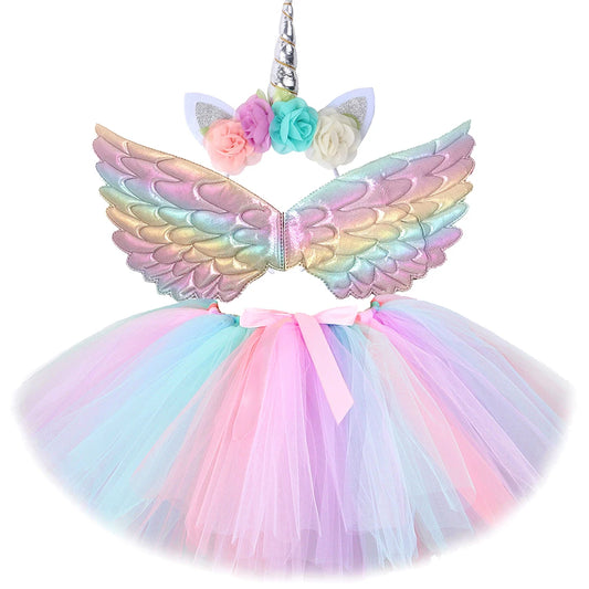 EtherealBe kids unicorn Halloween costume with wings in pastel colors, featuring a tutu and a unicorn headband