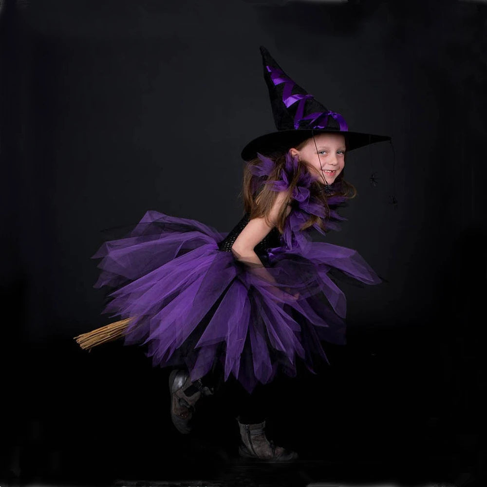 Kids witch tutu costume with hat in purple, featuring layered tulle and a stylish pointed hat