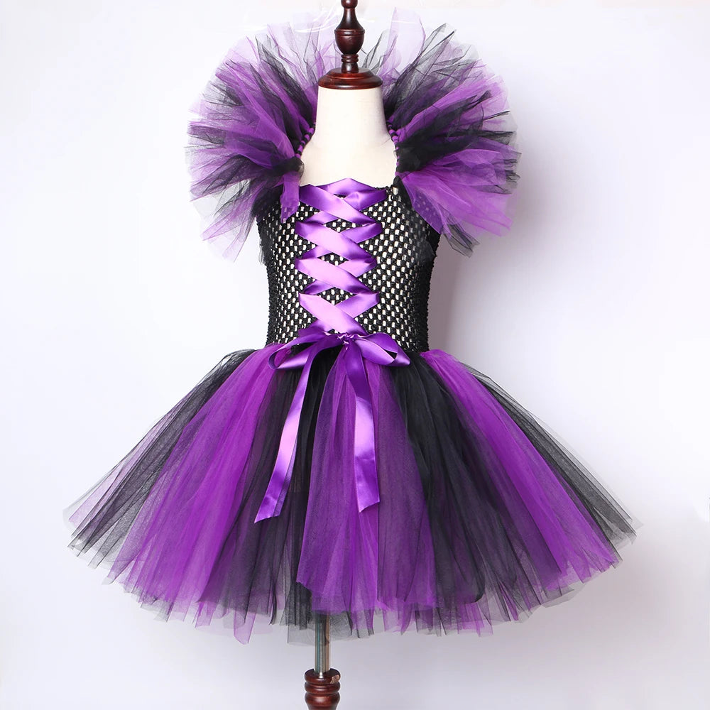 EtherealBe kids witch tutu costume with hat in purple and black with puffy sleeves and lace-up detailing
