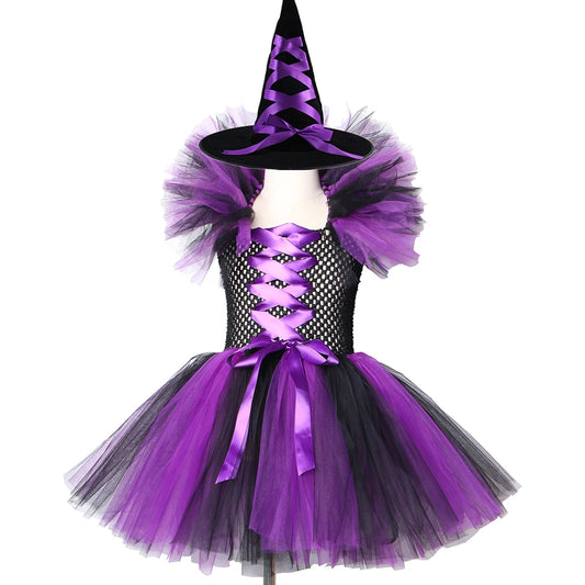 Girls EtherealBe kids witch tutu costume with hat in purple and black for Halloween celebrations