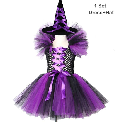 Kids witch tutu costume with hat featuring a purple and black design and stylish tulle layers