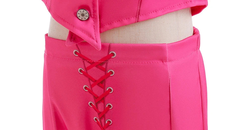 EtherealBe pink cowgirl cosplay set for kids close up of hot pink laced skirt and cropped jacket on mannequin