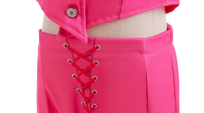 EtherealBe pink cowgirl cosplay set for kids close up of hot pink laced skirt and cropped jacket on mannequin