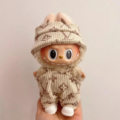 EtherealBe Labubu doll clothes outfit featuring a cute bunny hat and stylish overalls