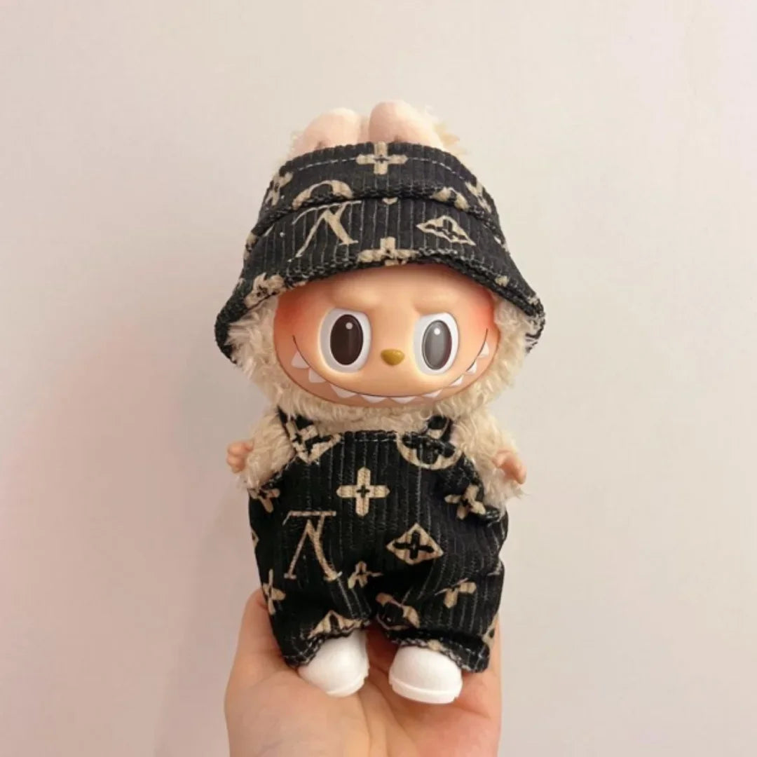Adorable Labubu doll clothes in black patterned fabric, perfect for your collectible doll