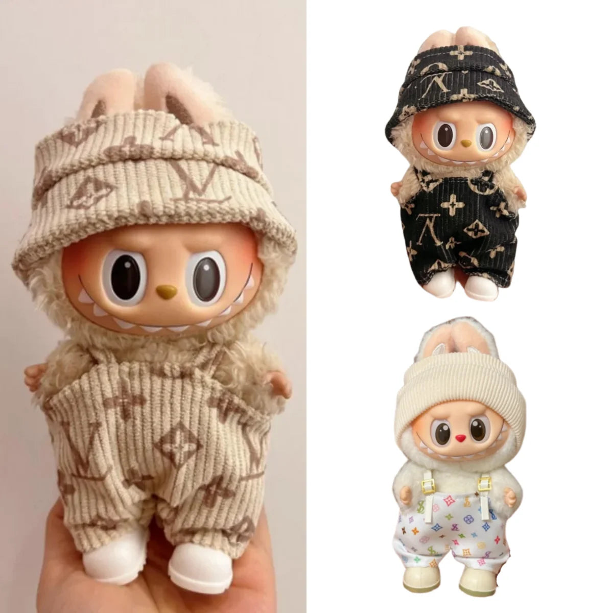 Adorable Labubu doll clothes featuring stylish hooded outfits in various colors and patterns