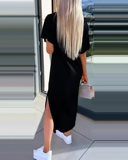 EtherealBe ladies back lace casual dress in black with a stylish side slit and relaxed fit