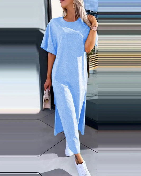 Light blue ladies back lace casual dress with short sleeves and relaxed fit for everyday wear