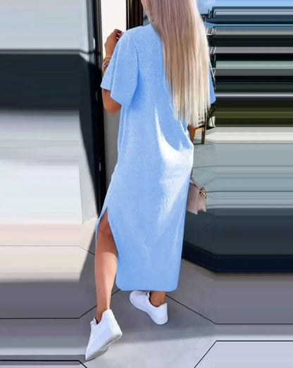 Light blue ladies back lace casual dress with short sleeves and side slits for effortless style