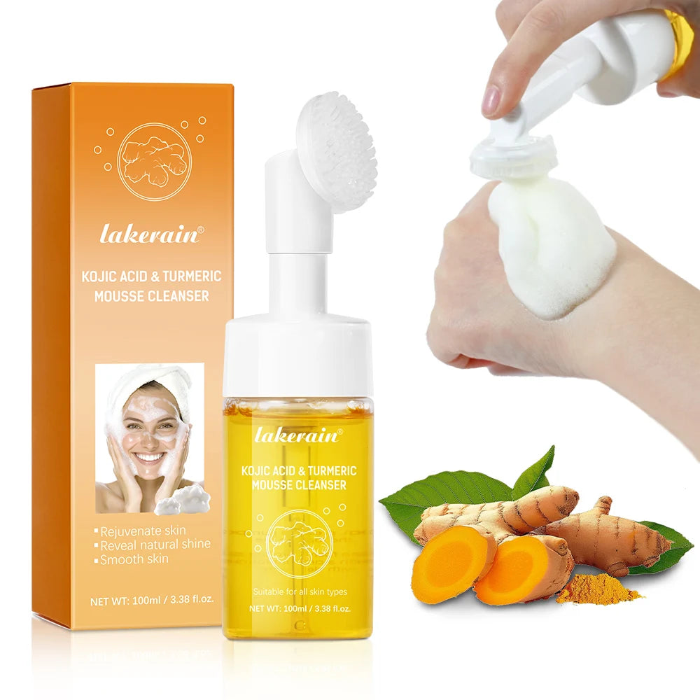 EtherealBe gentle turmeric facial cleanser for glowing skin in a mousse bottle with turmeric root background