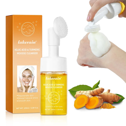 EtherealBe gentle turmeric facial cleanser for glowing skin in a mousse bottle with turmeric root background
