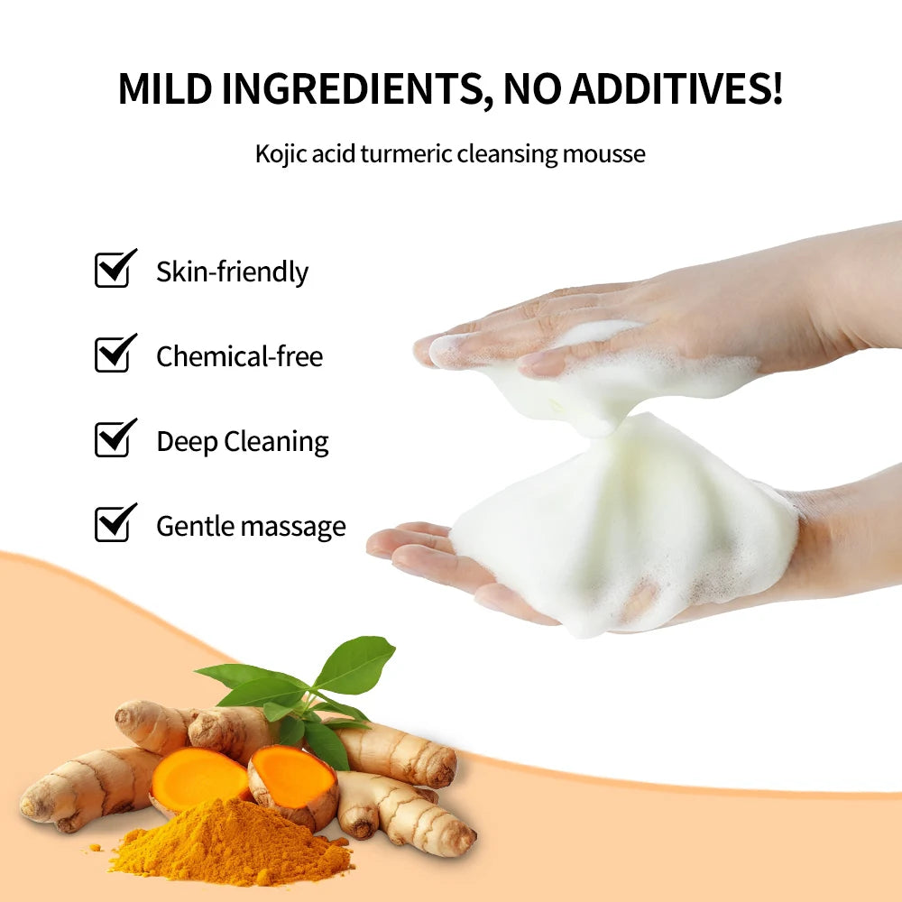 Gentle turmeric facial cleanser for glowing skin, mousse texture with mild ingredients and deep cleaning properties