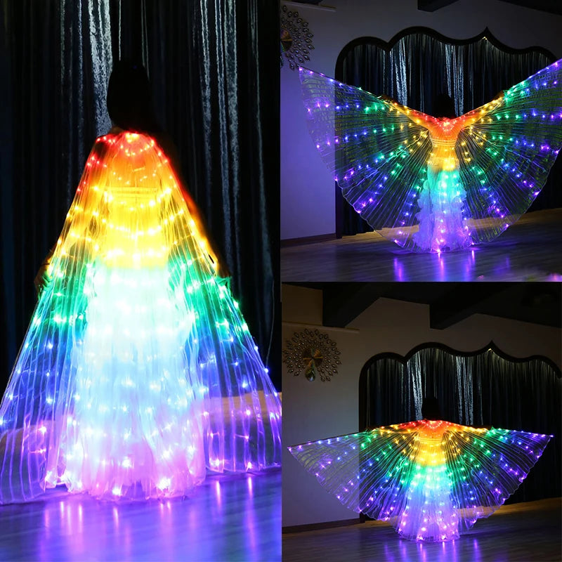 Colorful LED butterfly wing cloak glowing in vibrant lights, perfect for performances and events