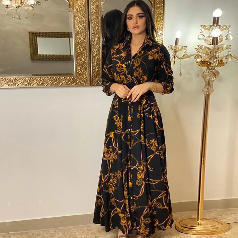 Elegant EtherealBe leisure maxi dress for women with gold pattern and belt for stylish comfort