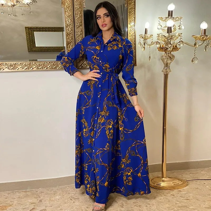 Elegant EtherealBe leisure maxi dress for women in blue with floral patterns and a belted waist