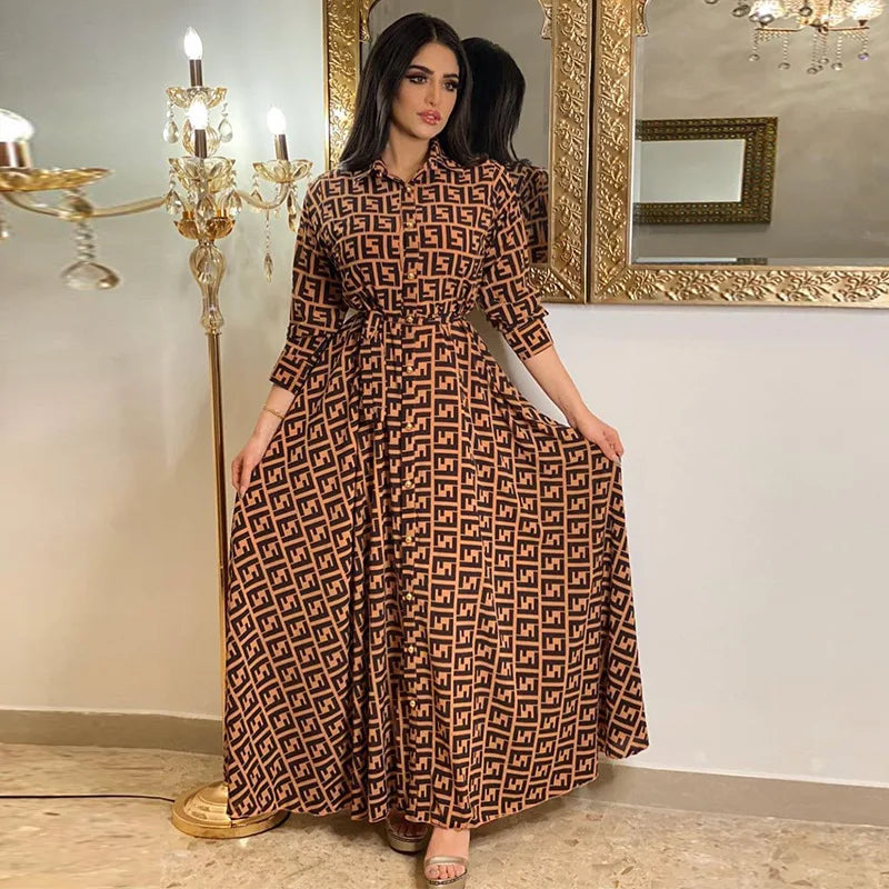 Elegant leisure maxi dress for women with patterned design and button-up closure, perfect for casual outings