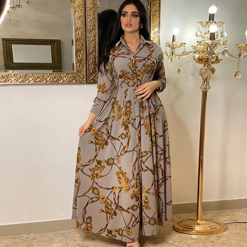 EtherealBe leisure maxi dress for women in gray with floral patterns and a stylish collar