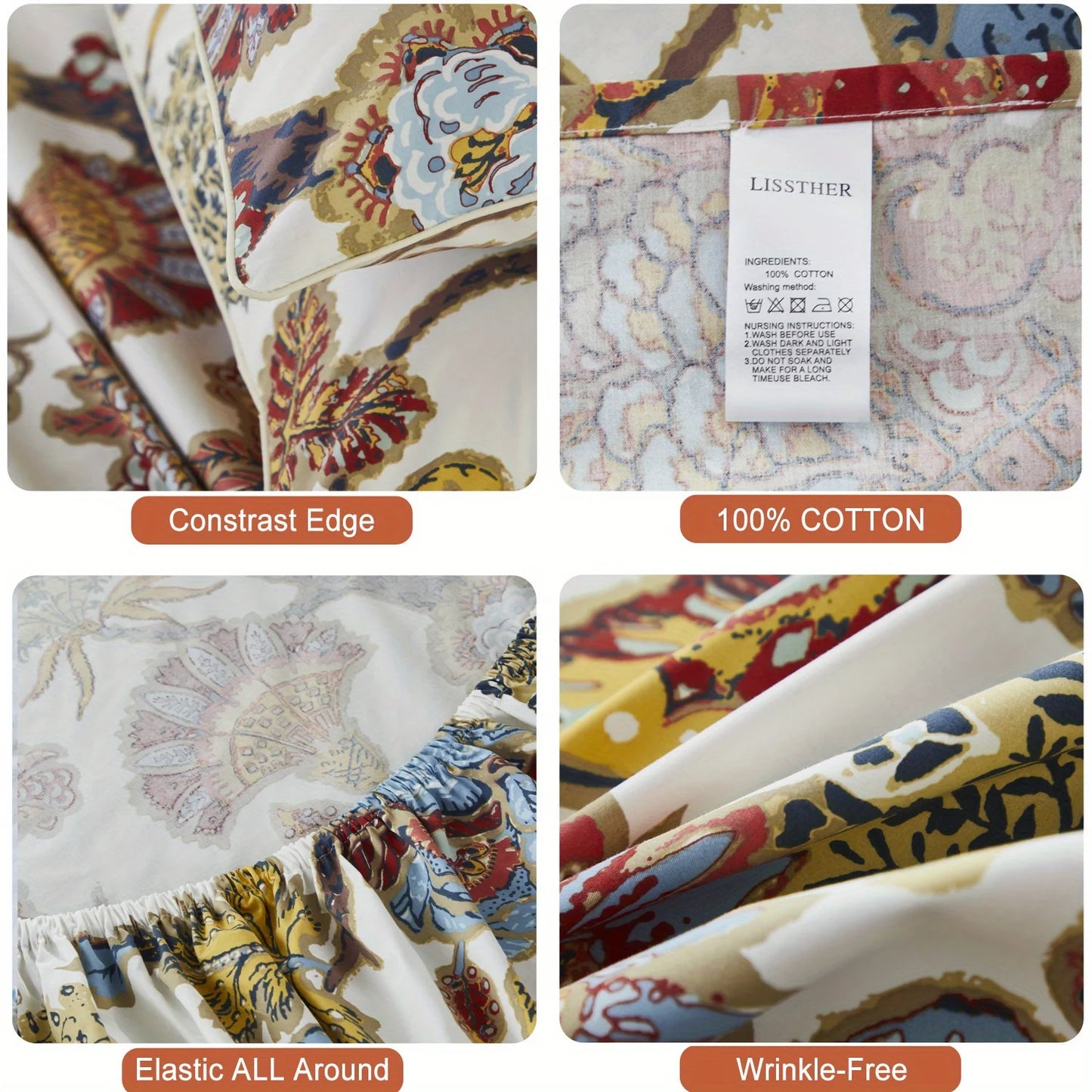 EtherealBe Egyptian cotton fitted sheet set featuring a beautiful floral pattern and elastic all around for a snug fit