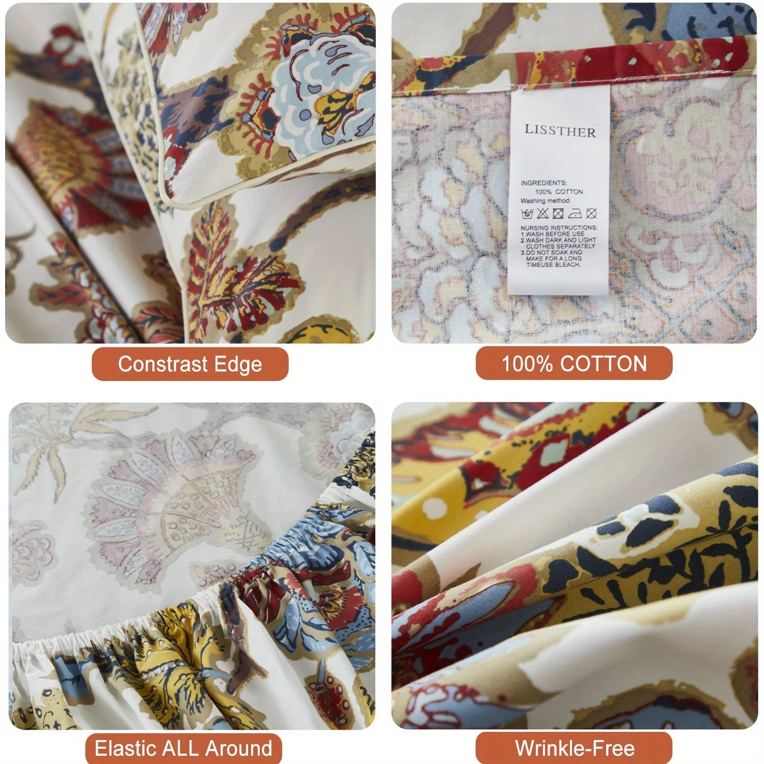 EtherealBe Egyptian cotton fitted sheet set featuring a beautiful floral pattern and elastic all around for a snug fit