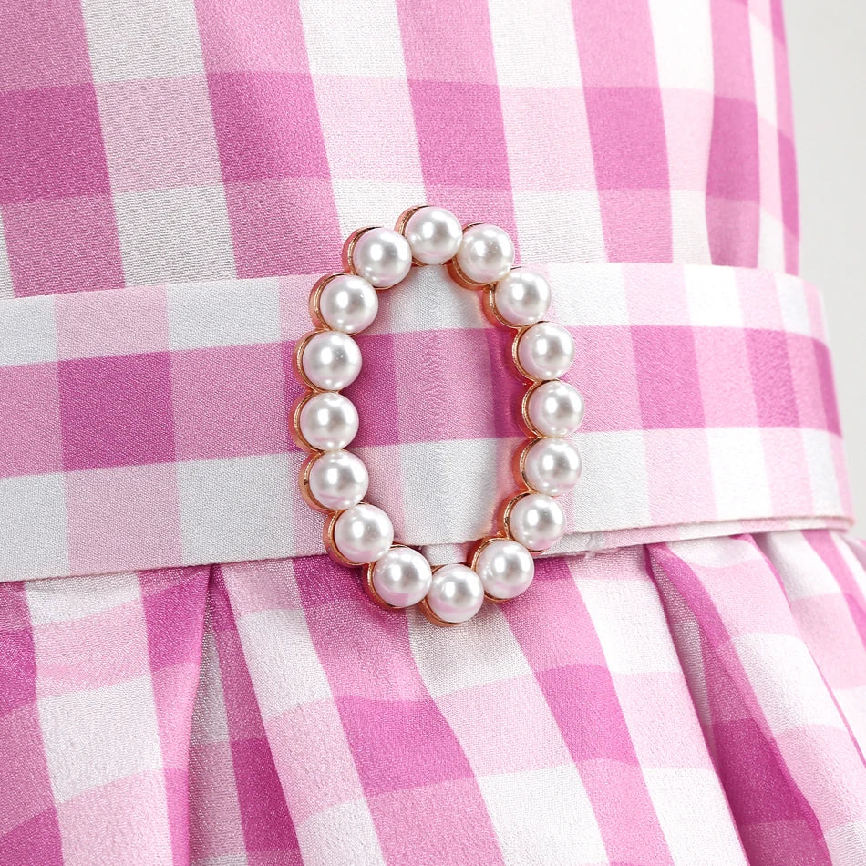 Pink and white gingham dress waist with pearl buckle on belt for EtherealBe pink cowgirl cosplay set for kids