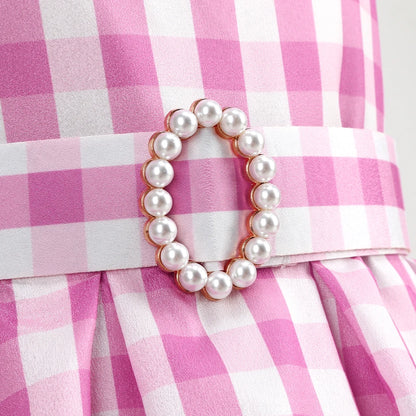 Pink and white gingham dress waist with pearl buckle on belt for EtherealBe pink cowgirl cosplay set for kids