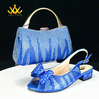 Sparkling blue rhinestone slingback shoe with bow and matching crystal evening handbag Fashionable shoes and bag set.