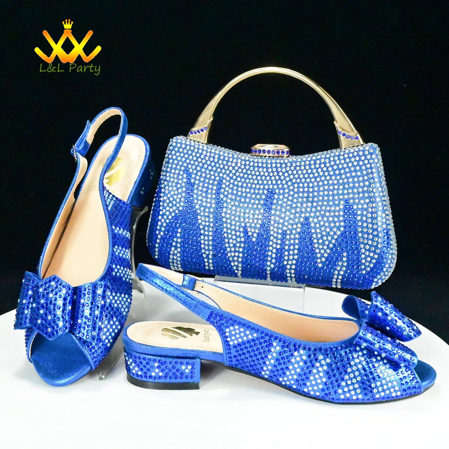 EtherealBe blue rhinestone slingback peep toe low heel shoes with bow and matching clutch Fashionable shoes and bag set.