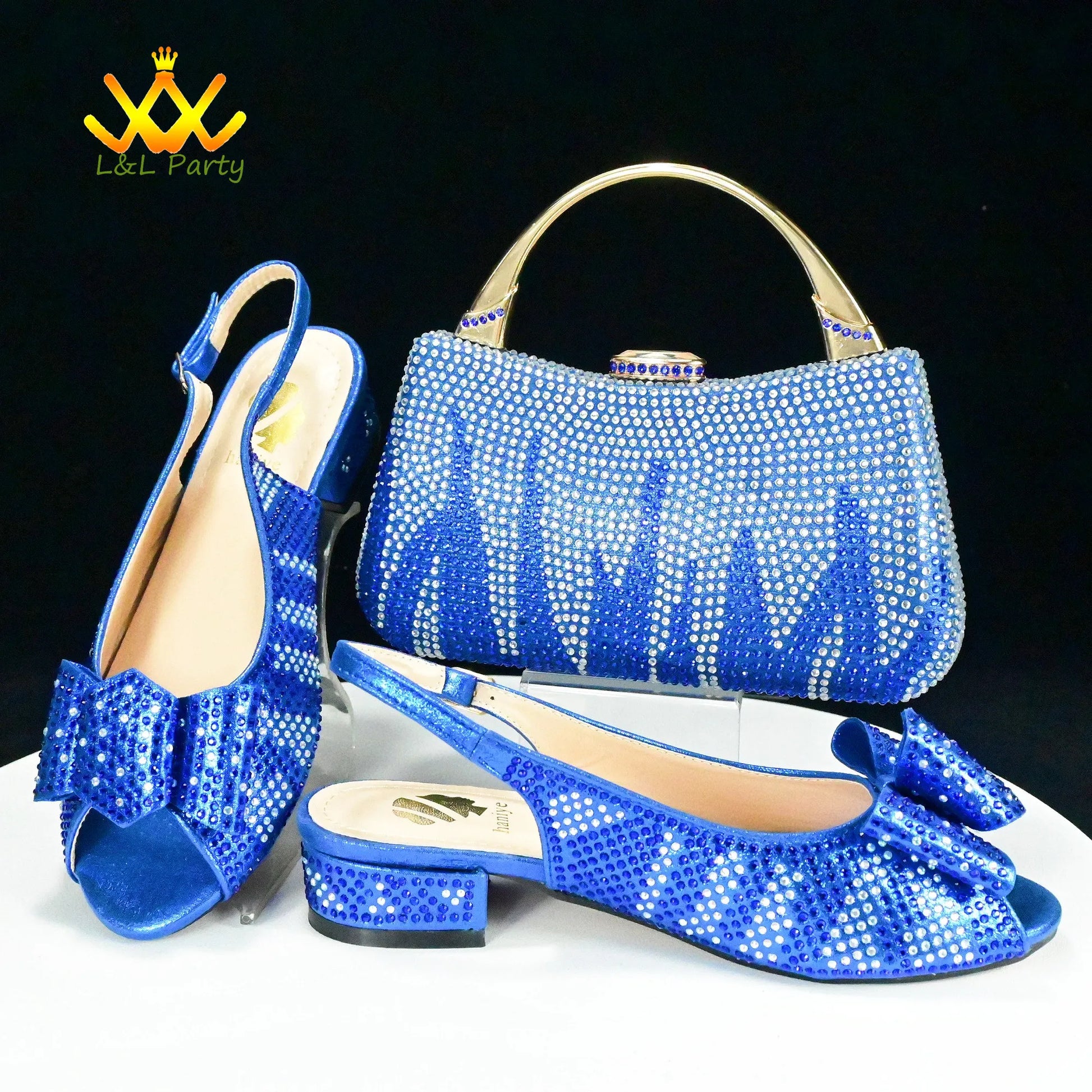 EtherealBe blue rhinestone slingback peep toe low heel shoes with bow and matching clutch Fashionable shoes and bag set.