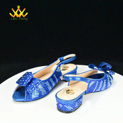 EtherealBe blue sequined slingback low heel shoes with bow accents and peep toe Fashionable shoes and bag set.