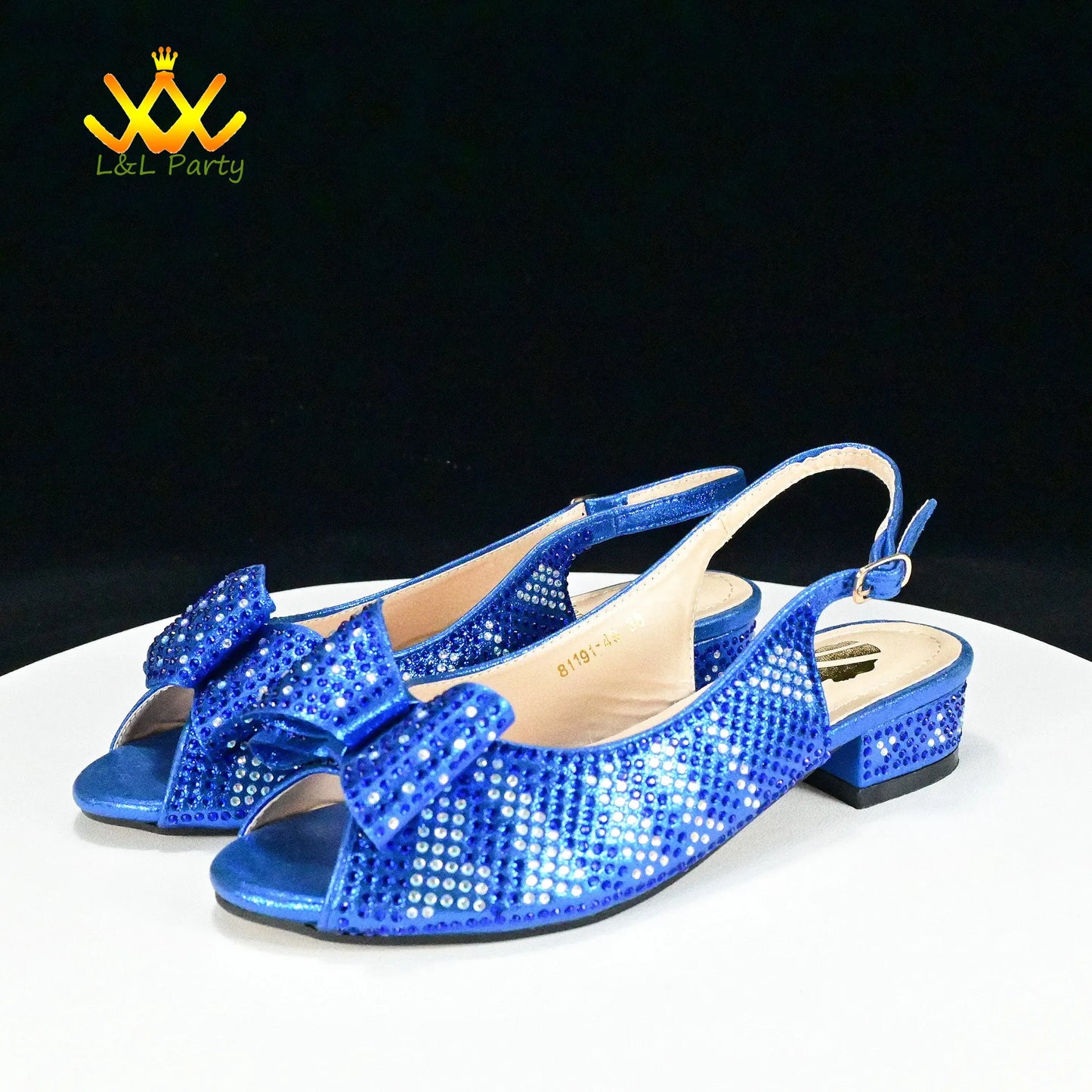 Blue sequined slingback peep toe low heel womens shoes with bow embellishment from Fashionable shoes and bag set