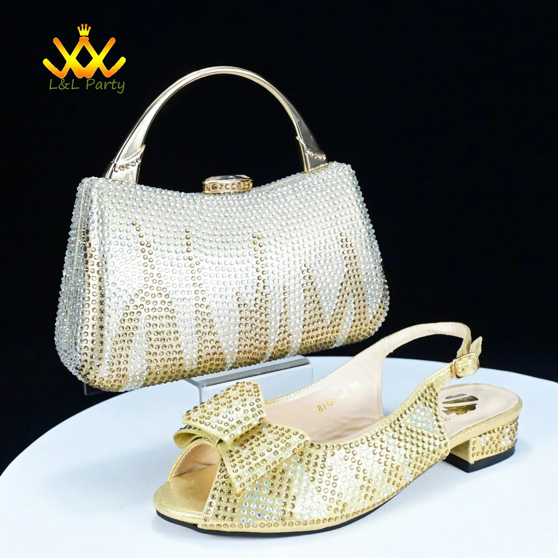 Fashionable shoes and bag set gold crystal embellished slingback shoes with matching crystal clutch for events