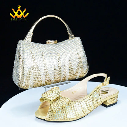 Fashionable shoes and bag set gold crystal embellished slingback shoes with matching crystal clutch for events