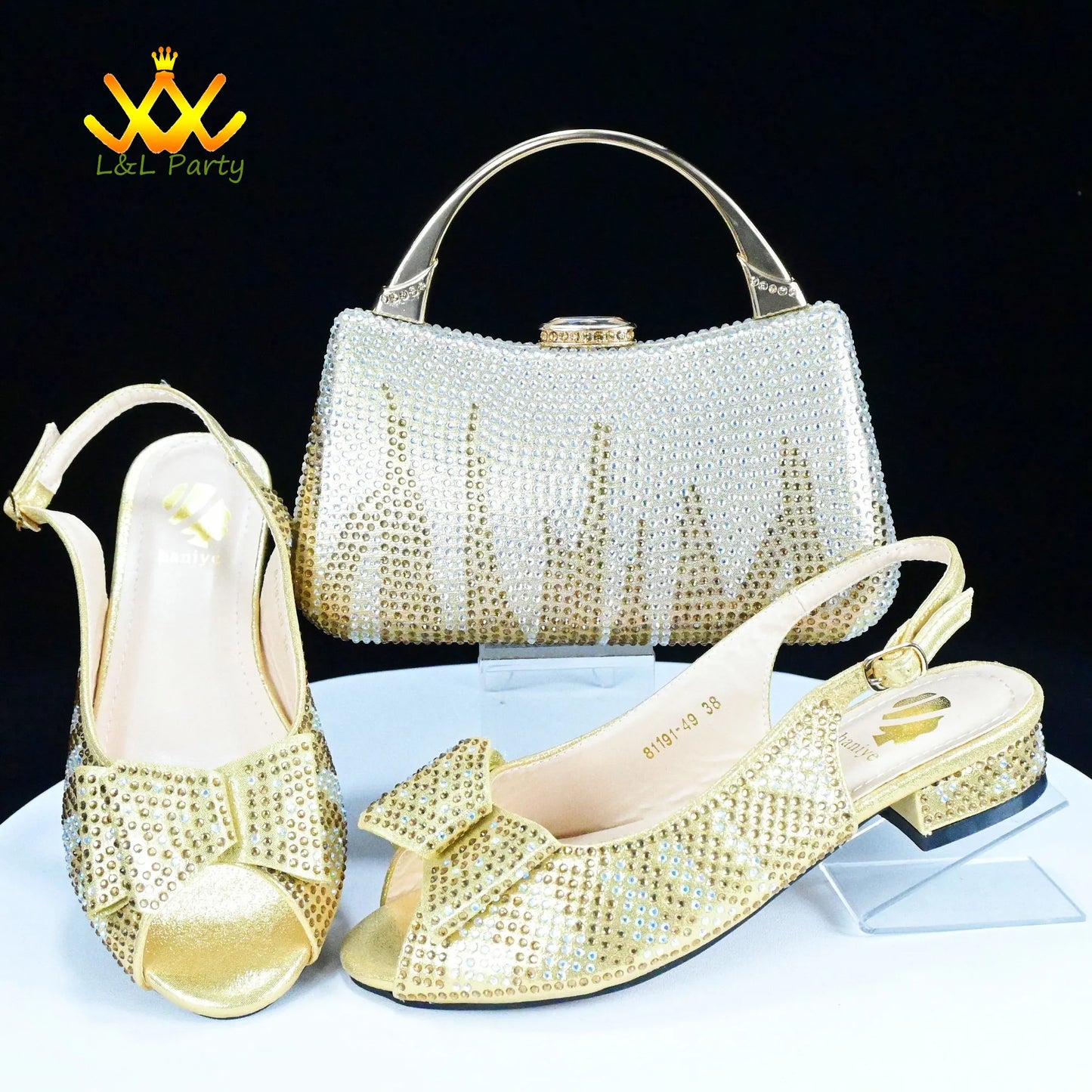 EtherealBe gold crystal embellished slingback low heel sandals with matching rhinestone clutch Fashionable shoes and bag set.