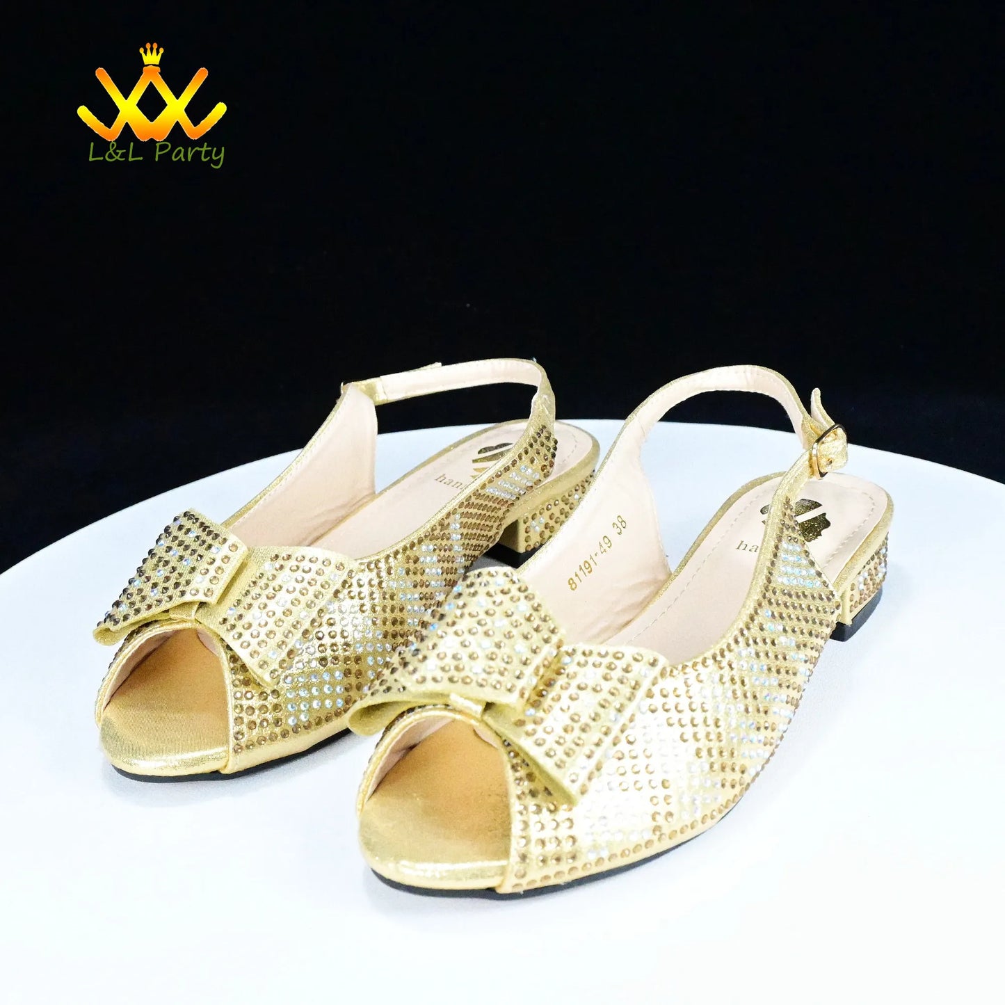 Fashionable shoes and bag set. Gold rhinestone peep toe slingback low heel shoes with bow detail by EtherealBe